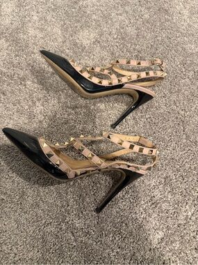 Valentino Garavani Black Patent Pointed-Toe Studded Strappy Heels with Pink Trim